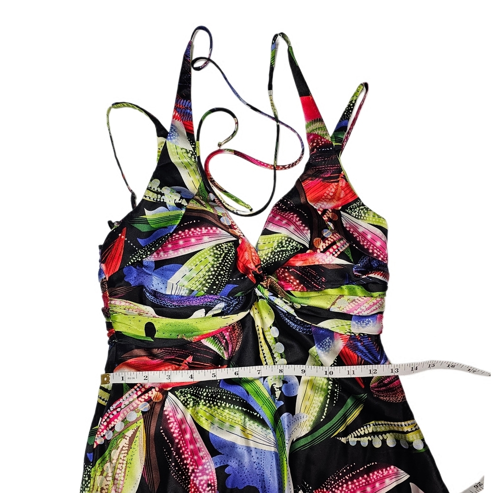 Y2K Cache Vintage 100% Silk Party Bright Colorful Floral Halter Midi Dress - Picture 11 of 15